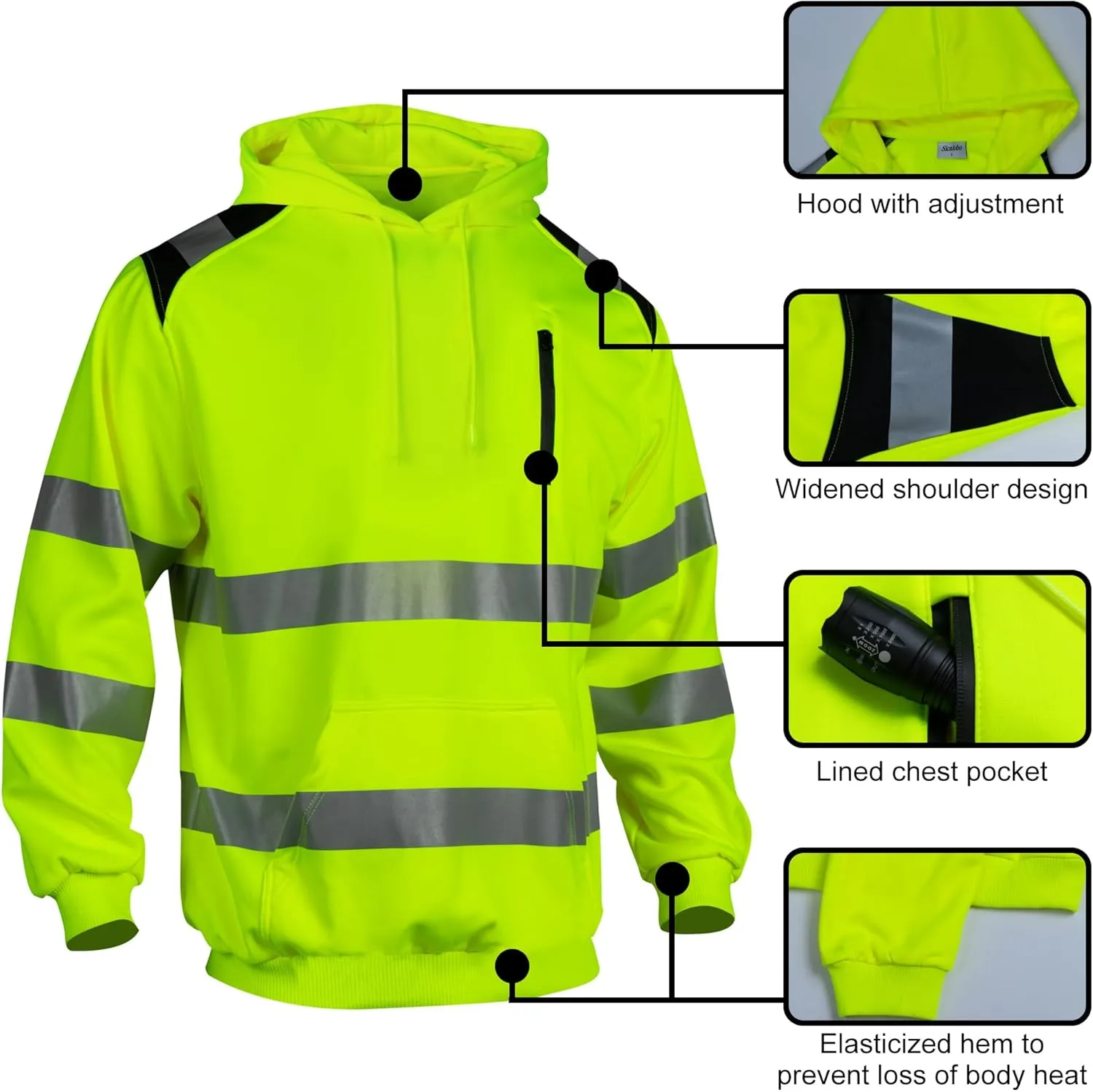 Reflective Hoodie Hi Vis Sweatshirts for Men, Class 3 High Visibility Shirts Long Sleeve Reflective Hoodie for Men