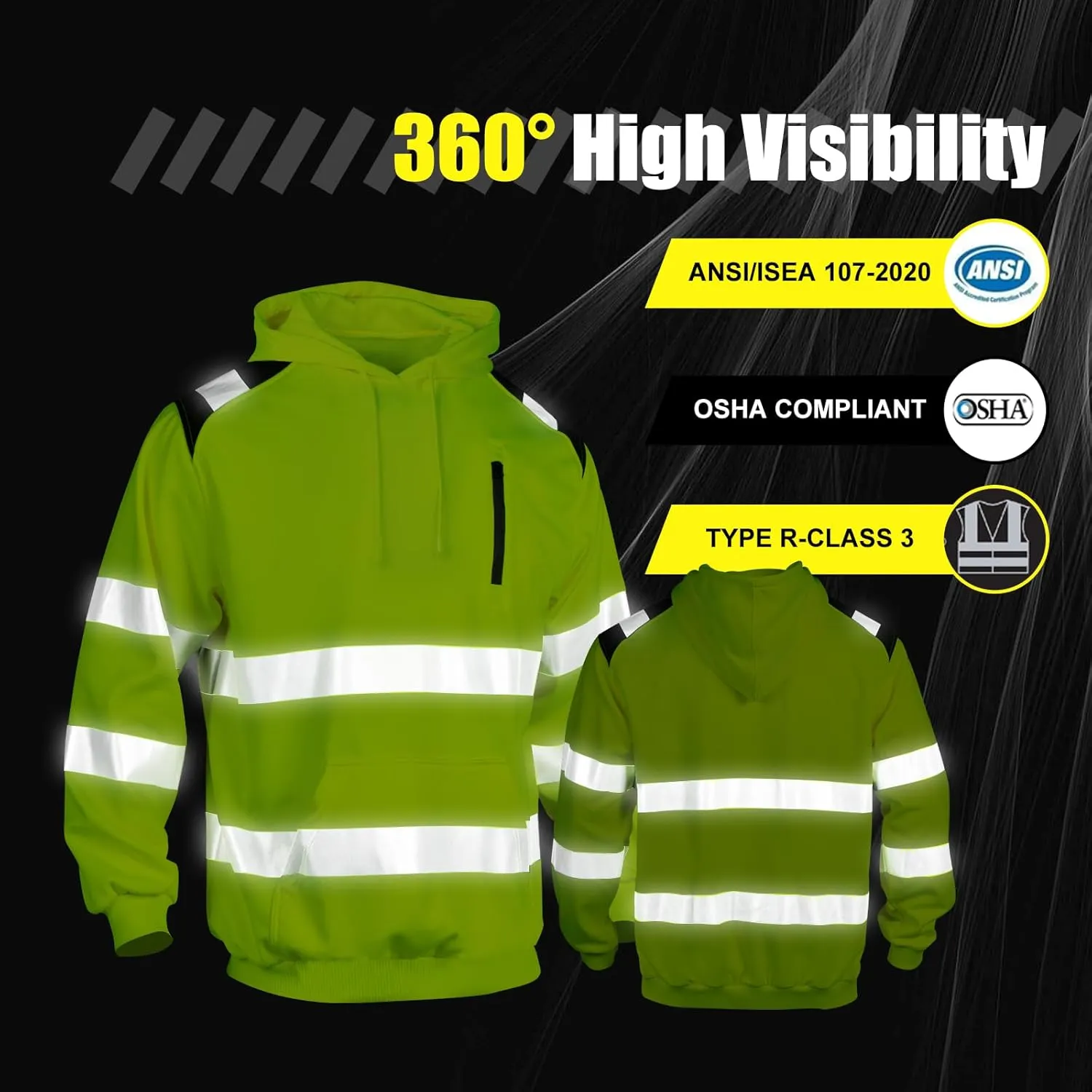 Reflective Hoodie Hi Vis Sweatshirts for Men, Class 3 High Visibility Shirts Long Sleeve Reflective Hoodie for Men