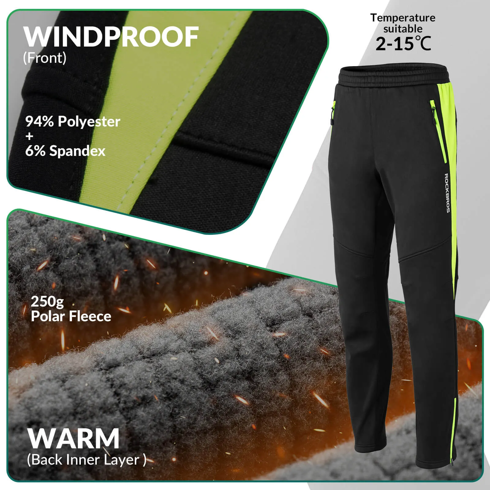 ROCKBROS Winter Thermal Windproof Softshell Cycling Trousers Bright Green