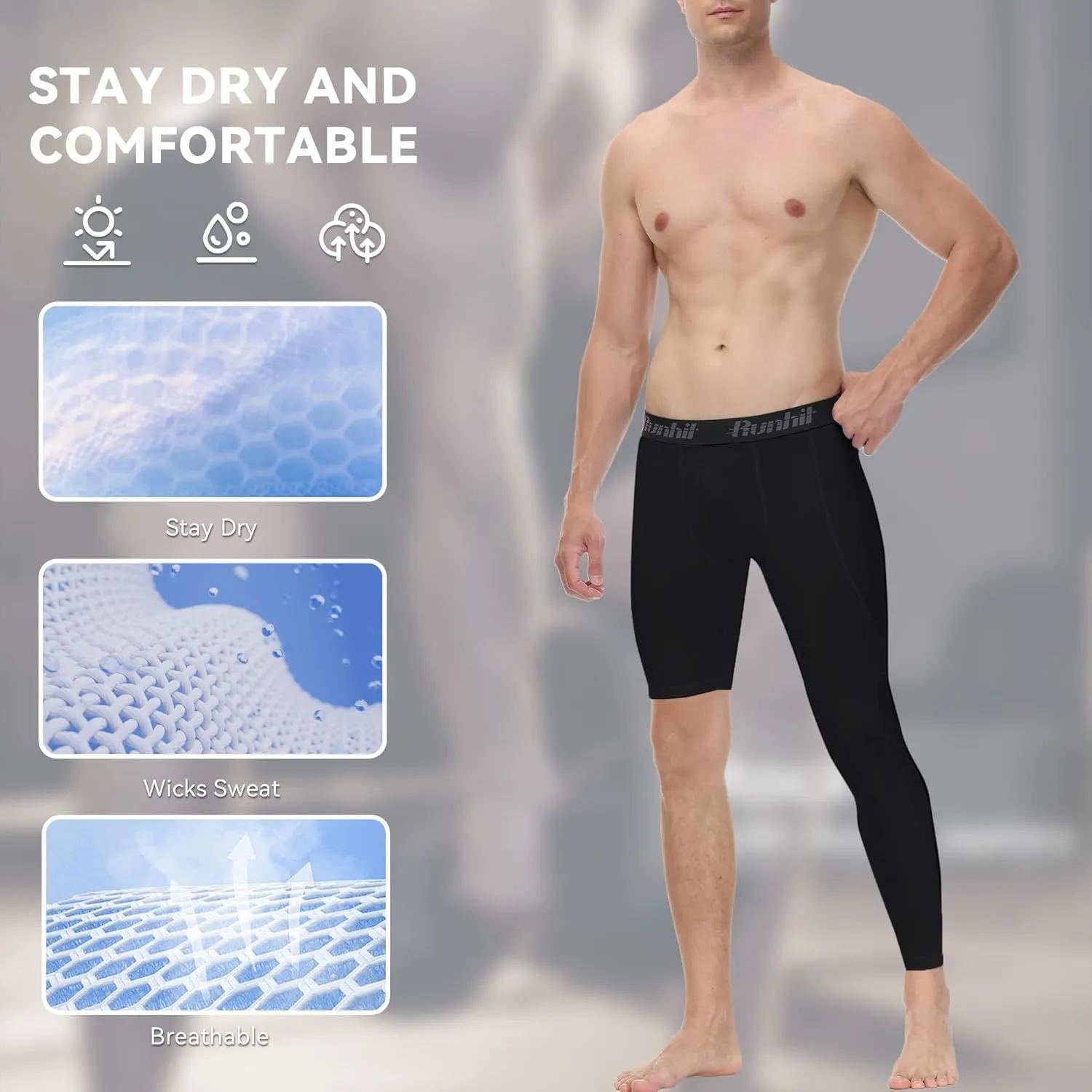 Runhit Men's Basketball One Leg Compression Tights Full Length Single Leg Compression Pants Sports Base Layer Underwear