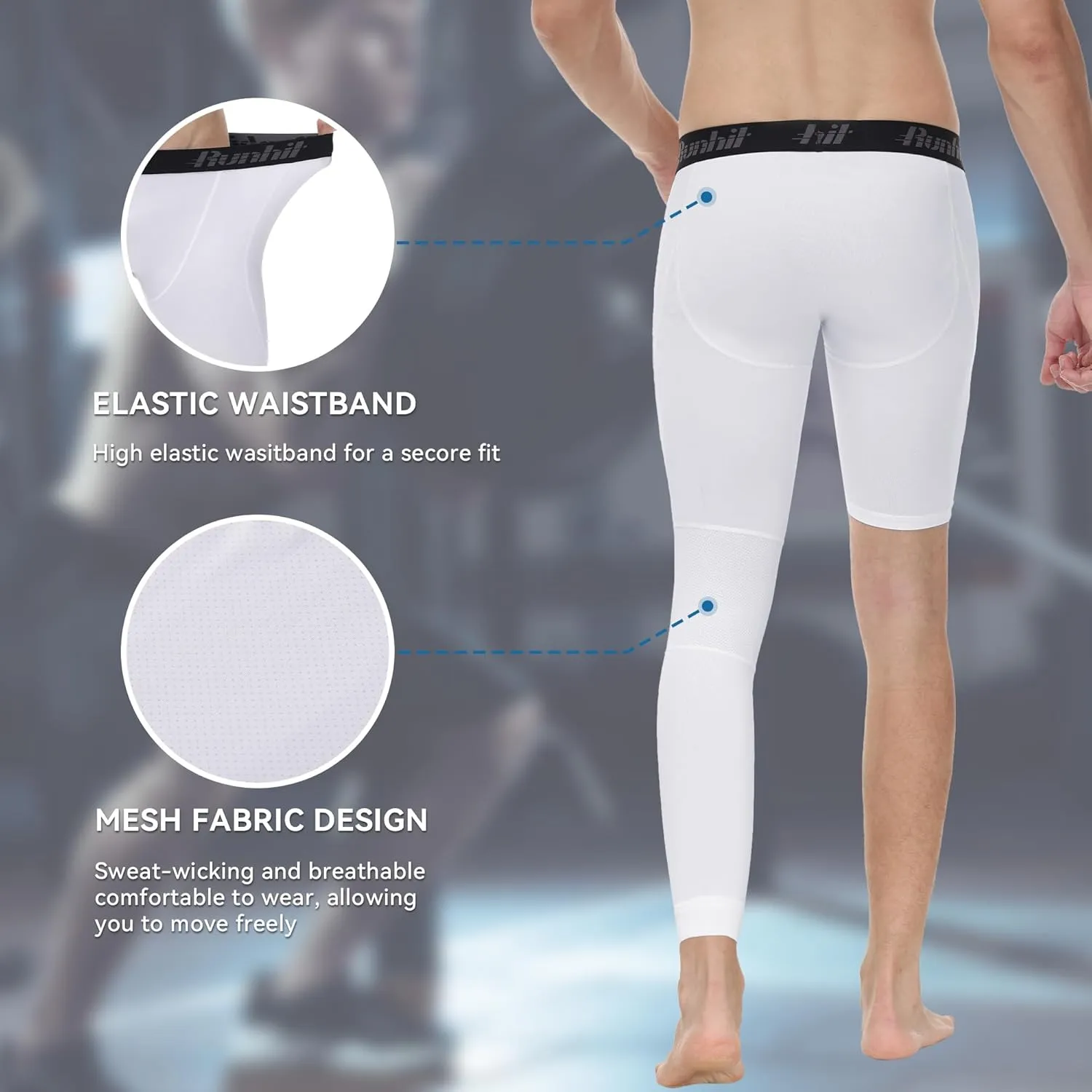 Runhit Men's Basketball One Leg Compression Tights Full Length Single Leg Compression Pants Sports Base Layer Underwear