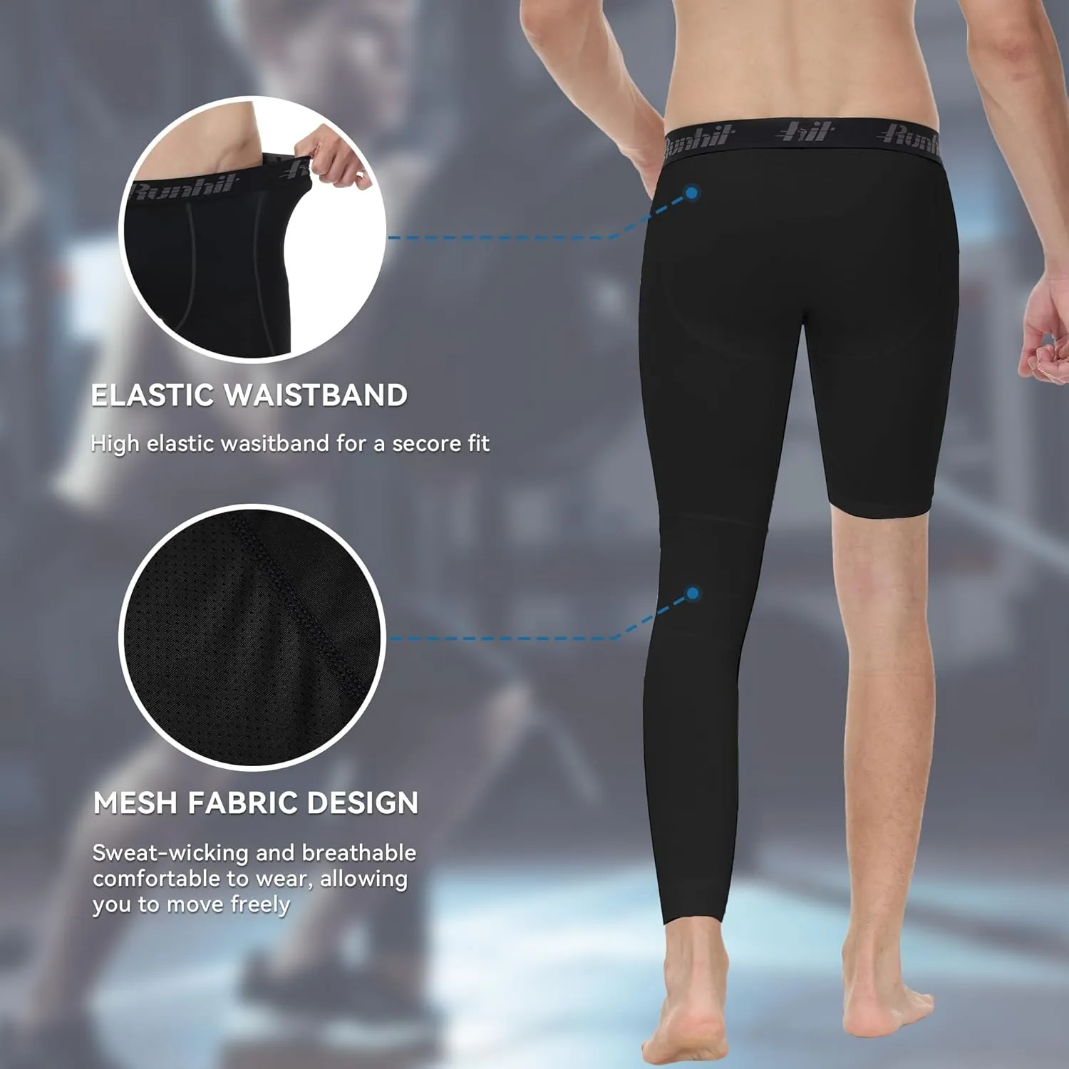 Runhit Men's Basketball One Leg Compression Tights Full Length Single Leg Compression Pants Sports Base Layer Underwear