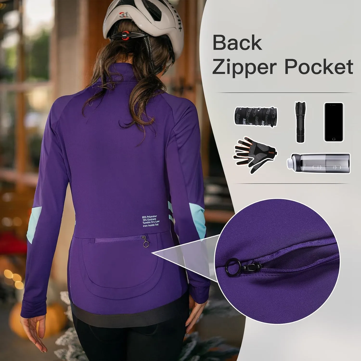 Santic Women's Cycling Jacket Thermal Windproof Windbreaker Reflective Lightweight with Pockets for Biking Running