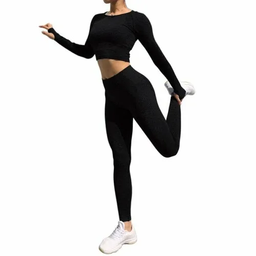 Seamless 2 Pcs Set Women Sport Suit Gym Workout Clothes Long Sleeve