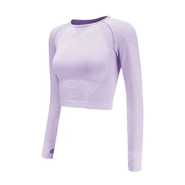 Seamless Crop Top For Women Gym Pink Long Sleeve Workout Fitness Sports Top With Thumb Hole Fitted Skinny Energy Yoga Shirts