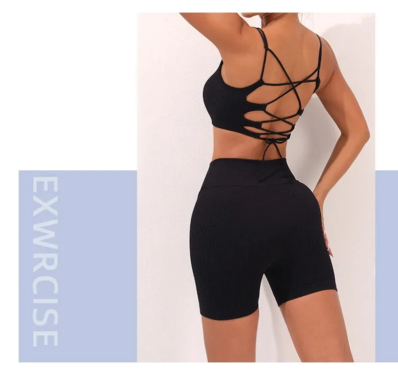 Seamless Thread Yoga Suit activewear Backless Cross Over Bra Sports Vest High Waist Butt Lift Cross Over Shorts Leggings Jumpsuit for Women