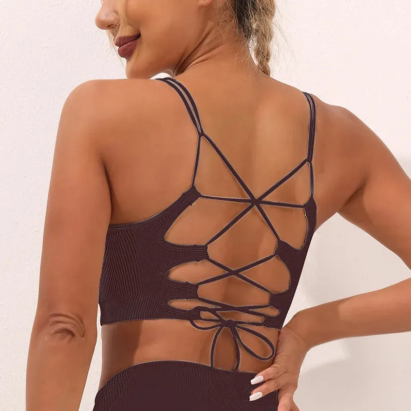 Seamless Thread Yoga Suit activewear Backless Cross Over Bra Sports Vest High Waist Butt Lift Cross Over Shorts Leggings Jumpsuit for Women