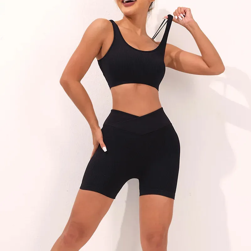 Seamless Thread Yoga Suit activewear Backless Cross Over Bra Sports Vest High Waist Butt Lift Cross Over Shorts Leggings Jumpsuit for Women