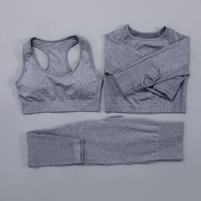 Seamless Women  yoga set Workout Gym Long Sleeve Fitness Crop Top High Waist Leggings Sport Clothing Suits