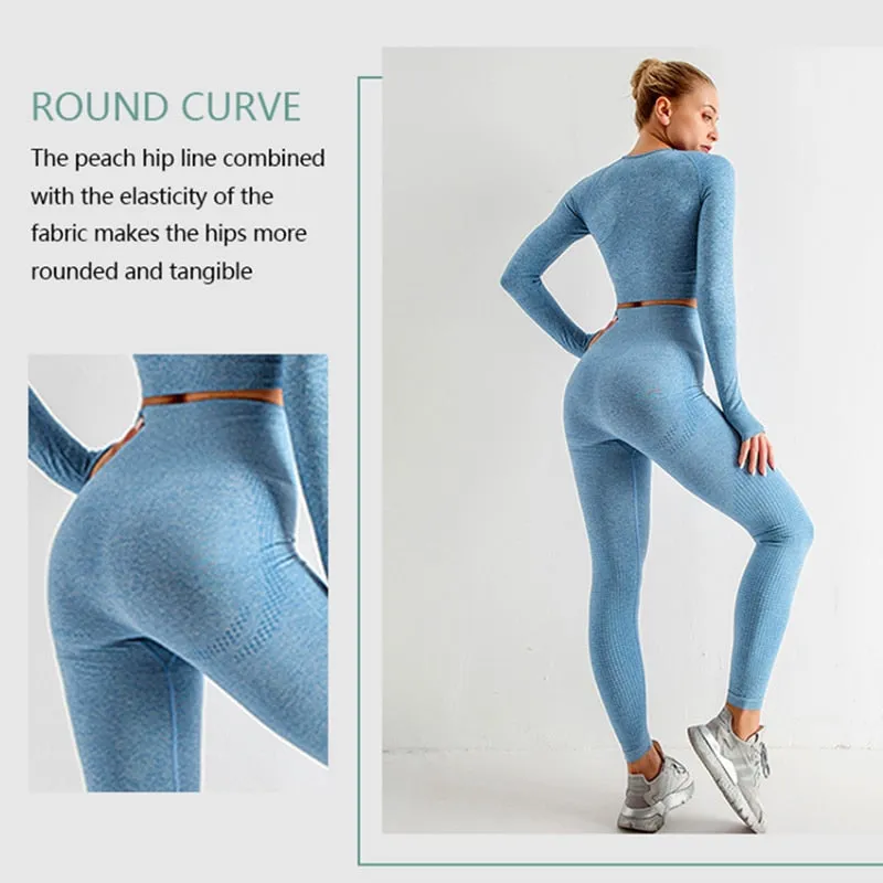 Seamless Women  yoga set Workout Gym Long Sleeve Fitness Crop Top High Waist Leggings Sport Clothing Suits