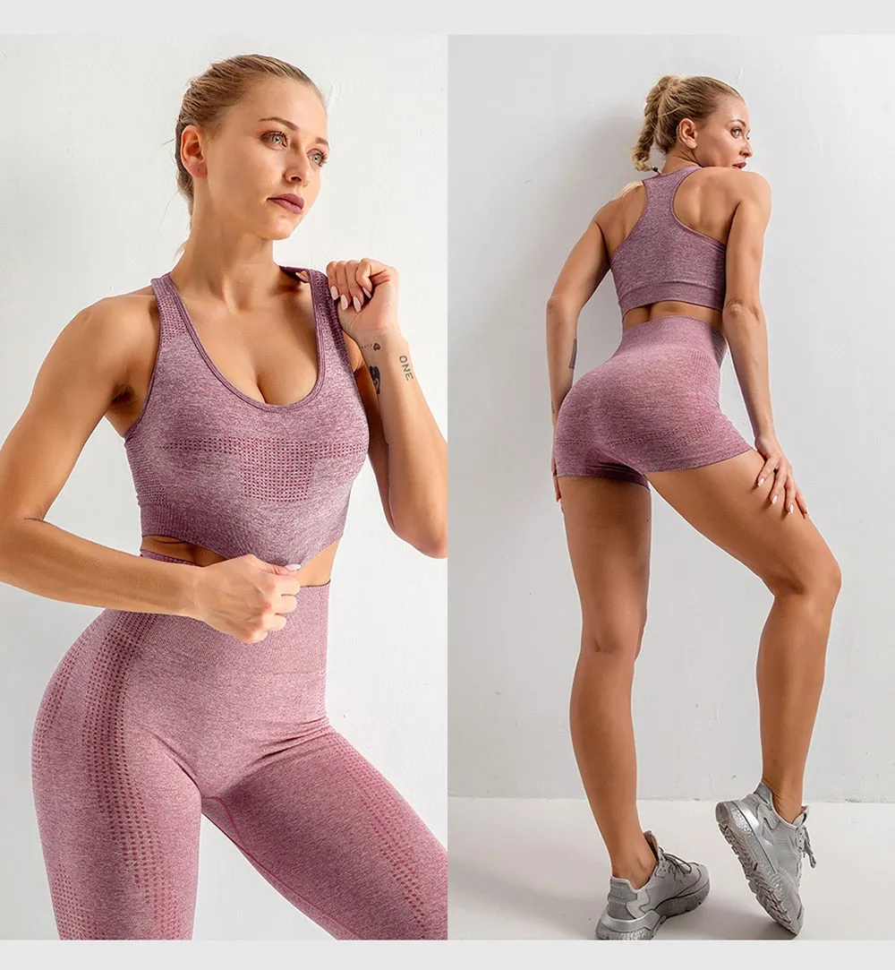 Seamless Women  yoga set Workout Gym Long Sleeve Fitness Crop Top High Waist Leggings Sport Clothing Suits