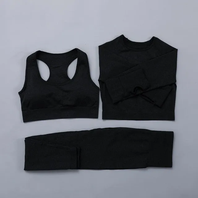 Seamless Women  yoga set Workout Gym Long Sleeve Fitness Crop Top High Waist Leggings Sport Clothing Suits