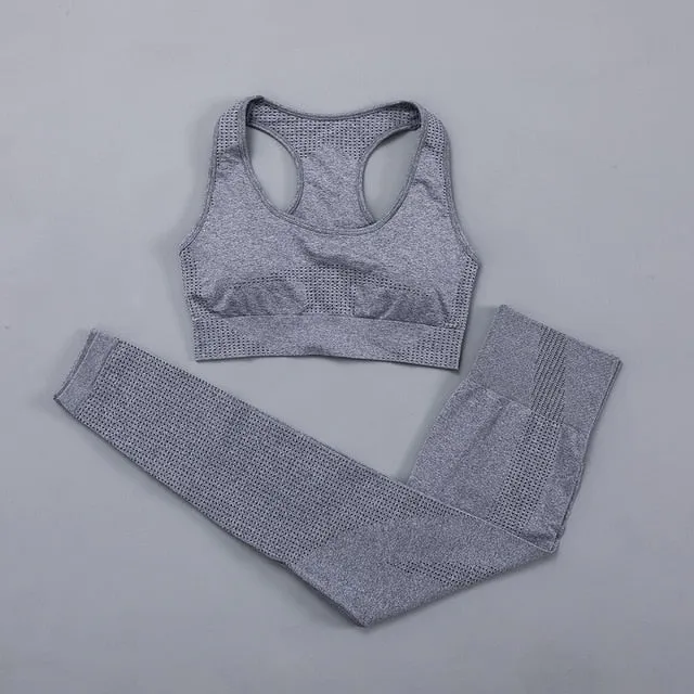 Seamless Women  yoga set Workout Gym Long Sleeve Fitness Crop Top High Waist Leggings Sport Clothing Suits