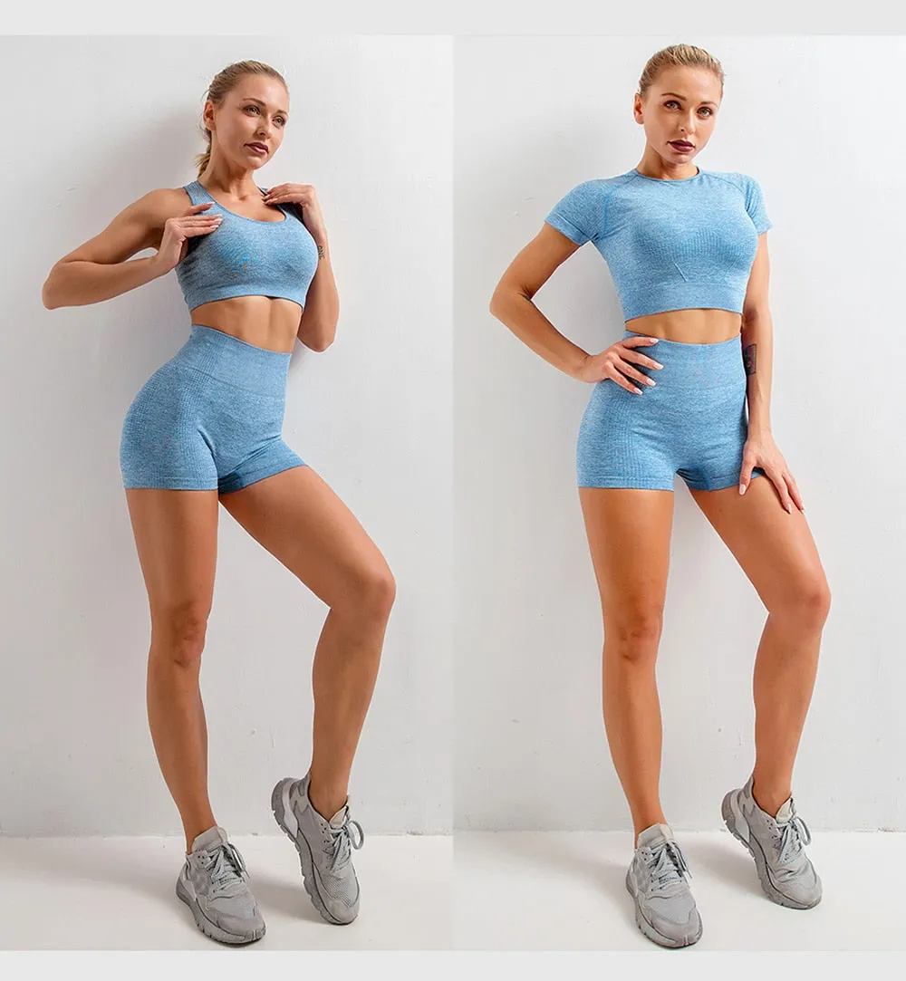 Seamless Women  yoga set Workout Gym Long Sleeve Fitness Crop Top High Waist Leggings Sport Clothing Suits