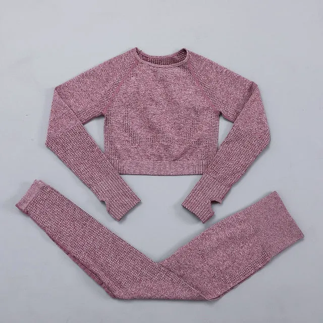 Seamless Women  yoga set Workout Gym Long Sleeve Fitness Crop Top High Waist Leggings Sport Clothing Suits