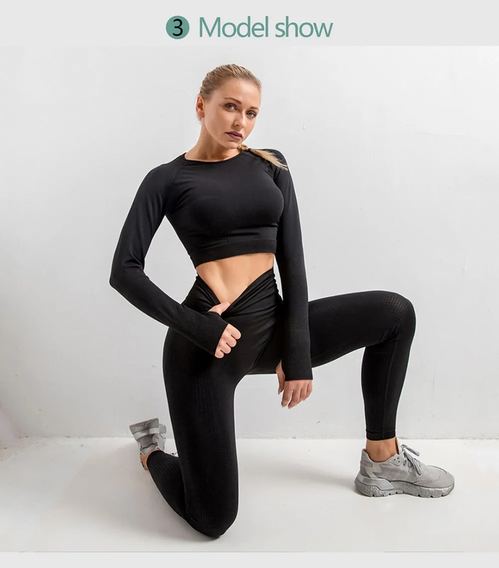 Seamless Women  yoga set Workout Gym Long Sleeve Fitness Crop Top High Waist Leggings Sport Clothing Suits