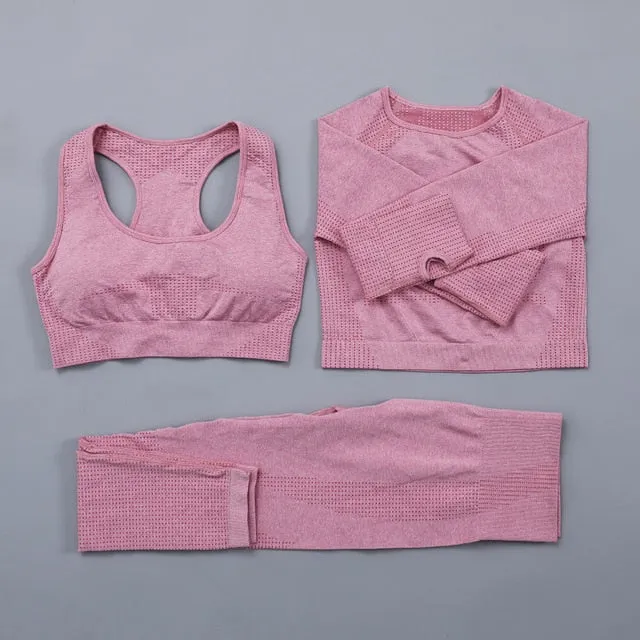 Seamless Women  yoga set Workout Gym Long Sleeve Fitness Crop Top High Waist Leggings Sport Clothing Suits