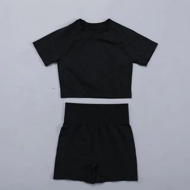 Seamless Women  yoga set Workout Gym Long Sleeve Fitness Crop Top High Waist Leggings Sport Clothing Suits