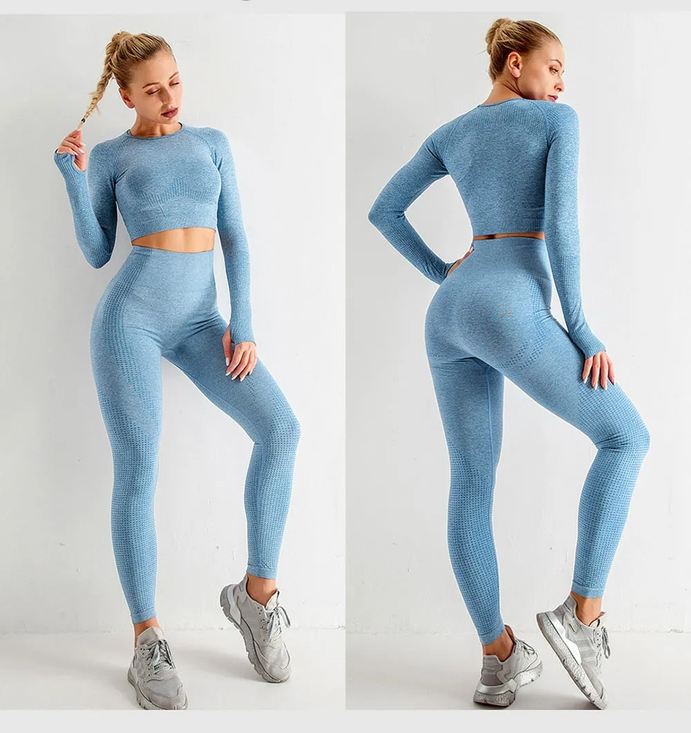 Seamless Women  yoga set Workout Gym Long Sleeve Fitness Crop Top High Waist Leggings Sport Clothing Suits