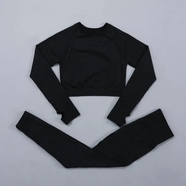 Seamless Women  yoga set Workout Gym Long Sleeve Fitness Crop Top High Waist Leggings Sport Clothing Suits