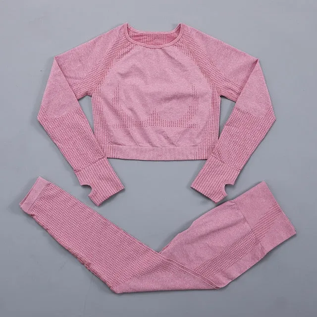 Seamless Women  yoga set Workout Gym Long Sleeve Fitness Crop Top High Waist Leggings Sport Clothing Suits