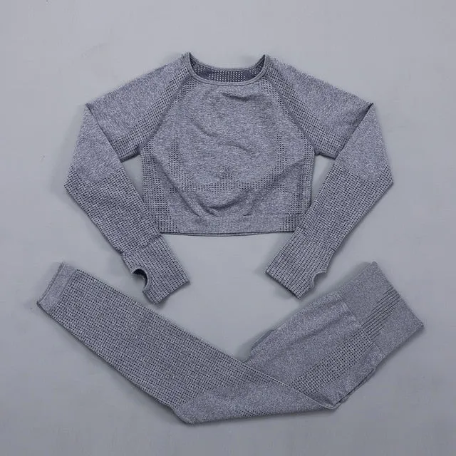 Seamless Women  yoga set Workout Gym Long Sleeve Fitness Crop Top High Waist Leggings Sport Clothing Suits