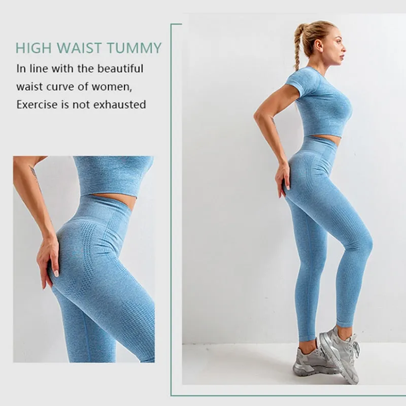 Seamless Women  yoga set Workout Gym Long Sleeve Fitness Crop Top High Waist Leggings Sport Clothing Suits