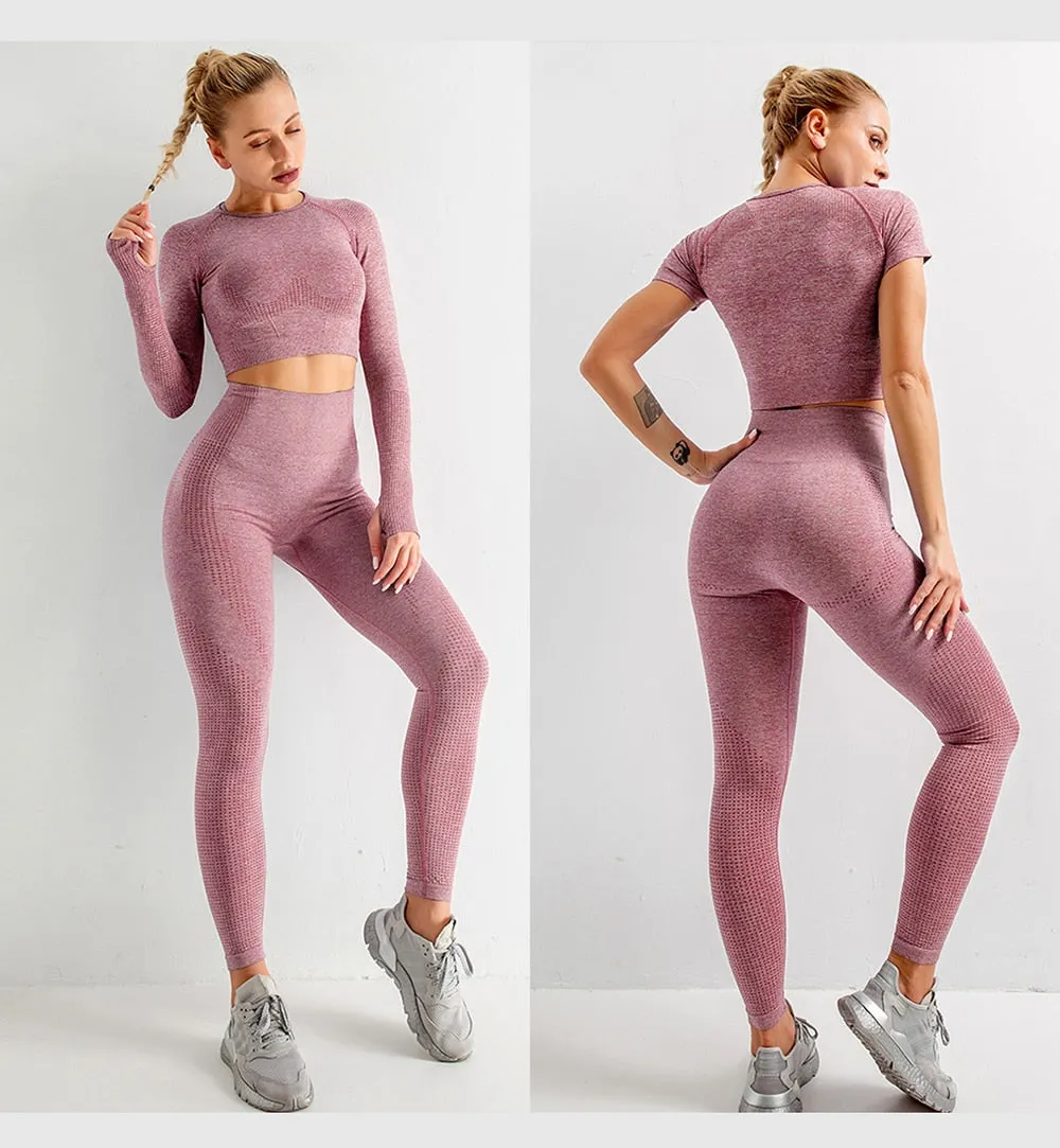 Seamless Women  yoga set Workout Gym Long Sleeve Fitness Crop Top High Waist Leggings Sport Clothing Suits