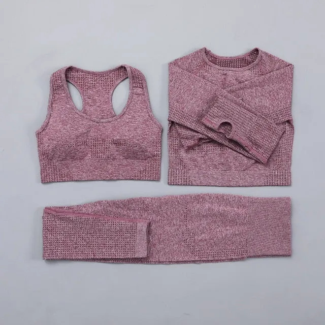 Seamless Women  yoga set Workout Gym Long Sleeve Fitness Crop Top High Waist Leggings Sport Clothing Suits