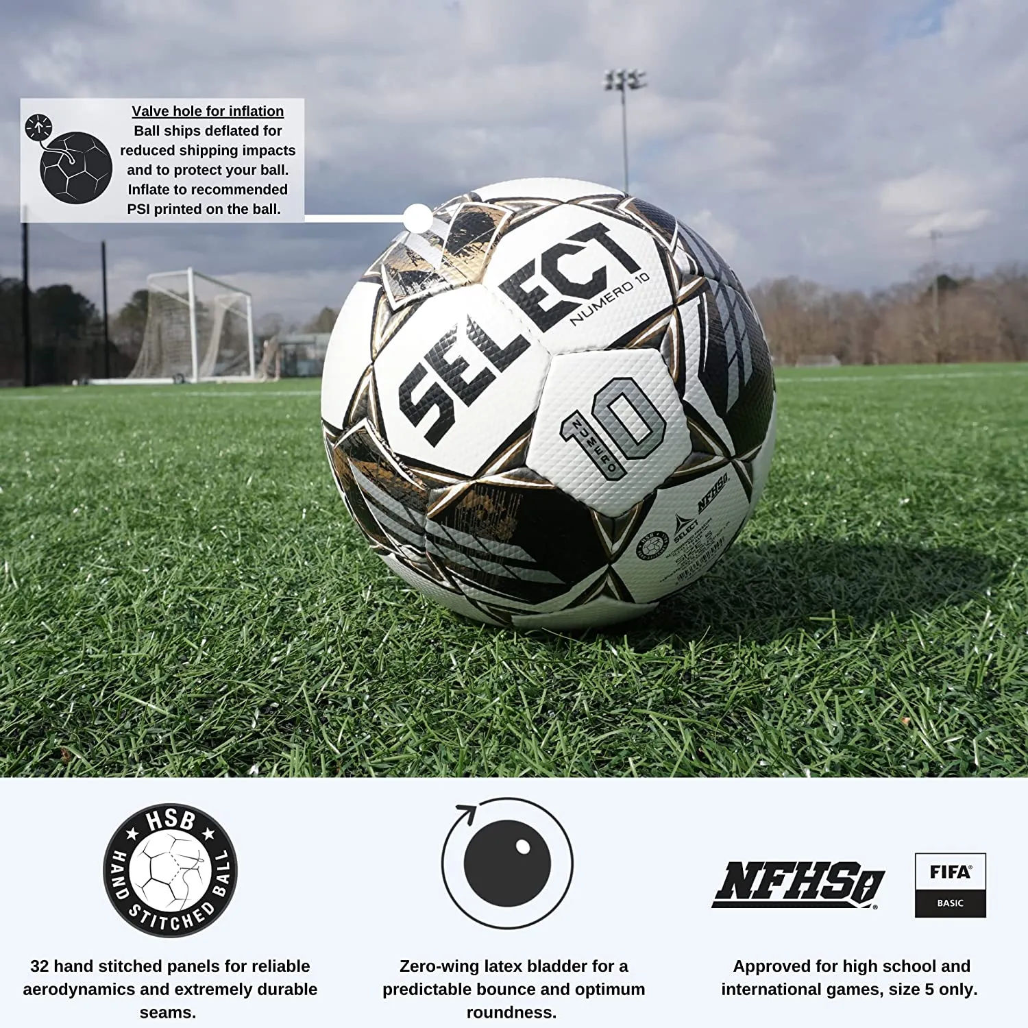 Select Numero 10 V22 Soccer Ball White/Black Size 5 NFHS,NCAA Approved