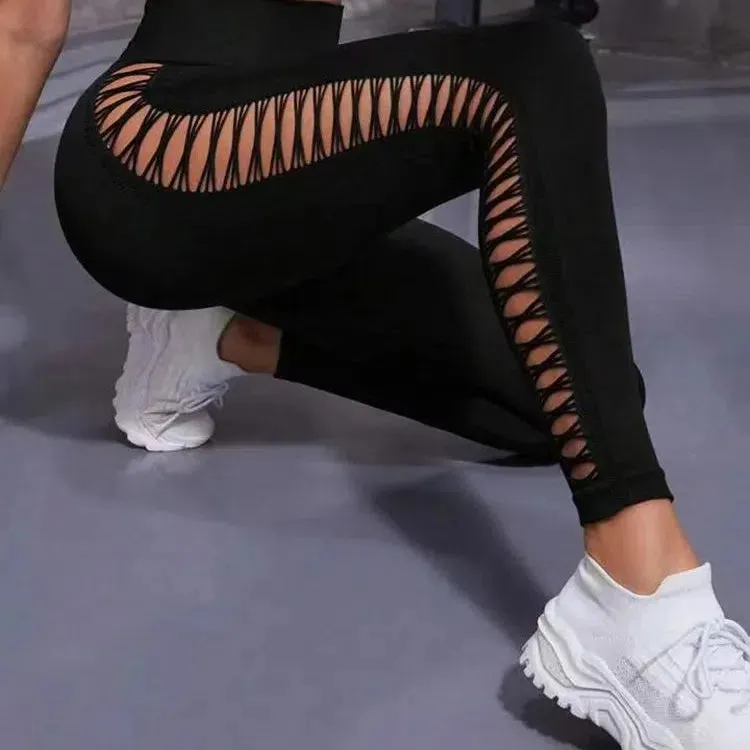 Sexy Hollow Black Seamless Leggings for Women Fitness Yoga Pants