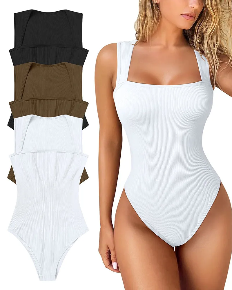 Sexy Ribbed Strappy Square Neck Sleeveless Tummy Control Tank Tops Bodysuits🩱
