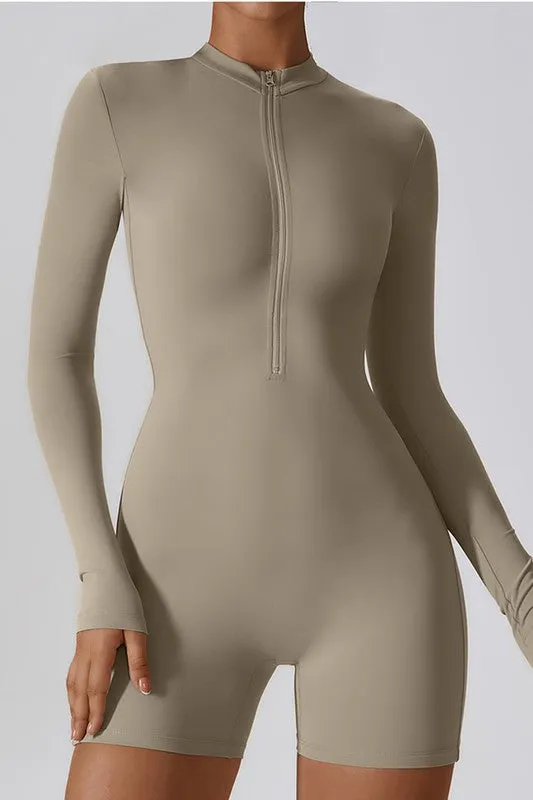 Solid Zippered Long-Sleeved Sports Jumpsuit