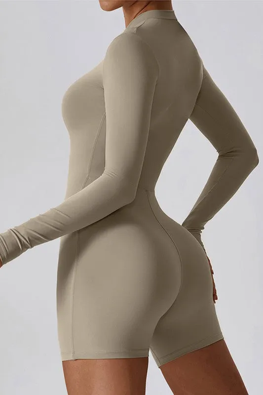 Solid Zippered Long-Sleeved Sports Jumpsuit