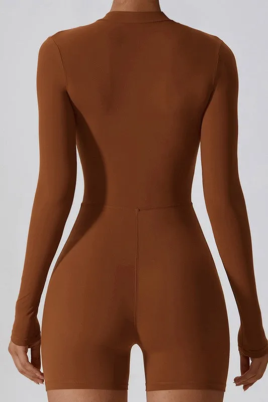 Solid Zippered Long-Sleeved Sports Jumpsuit