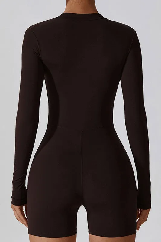 Solid Zippered Long-Sleeved Sports Jumpsuit