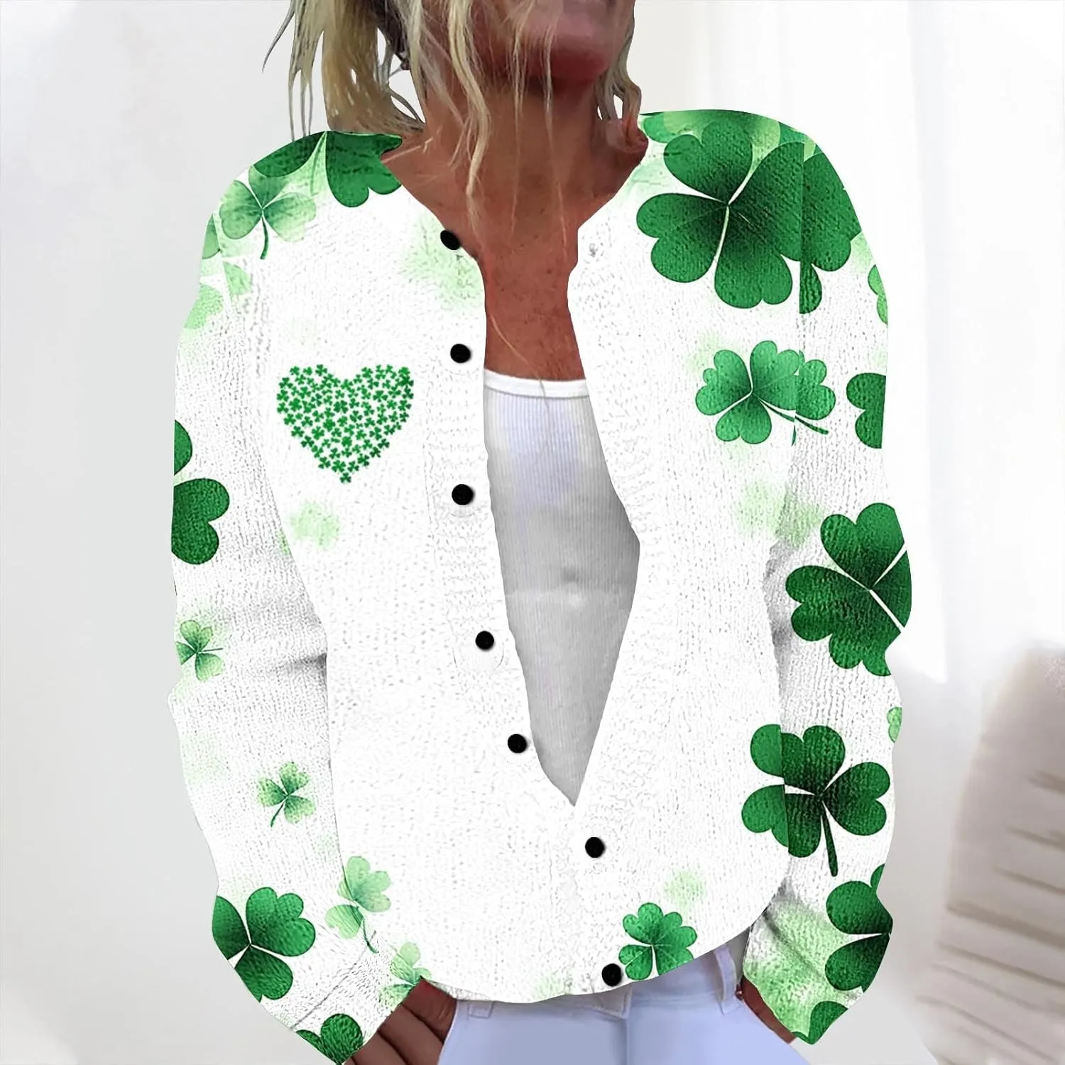 St Patricks Day Cardigan Sweaters Women Lightweight Knit Cardigans Jackets Button Down Lucky Shamrock Clover Blouse