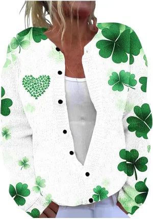 St Patricks Day Cardigan Sweaters Women Lightweight Knit Cardigans Jackets Button Down Lucky Shamrock Clover Blouse
