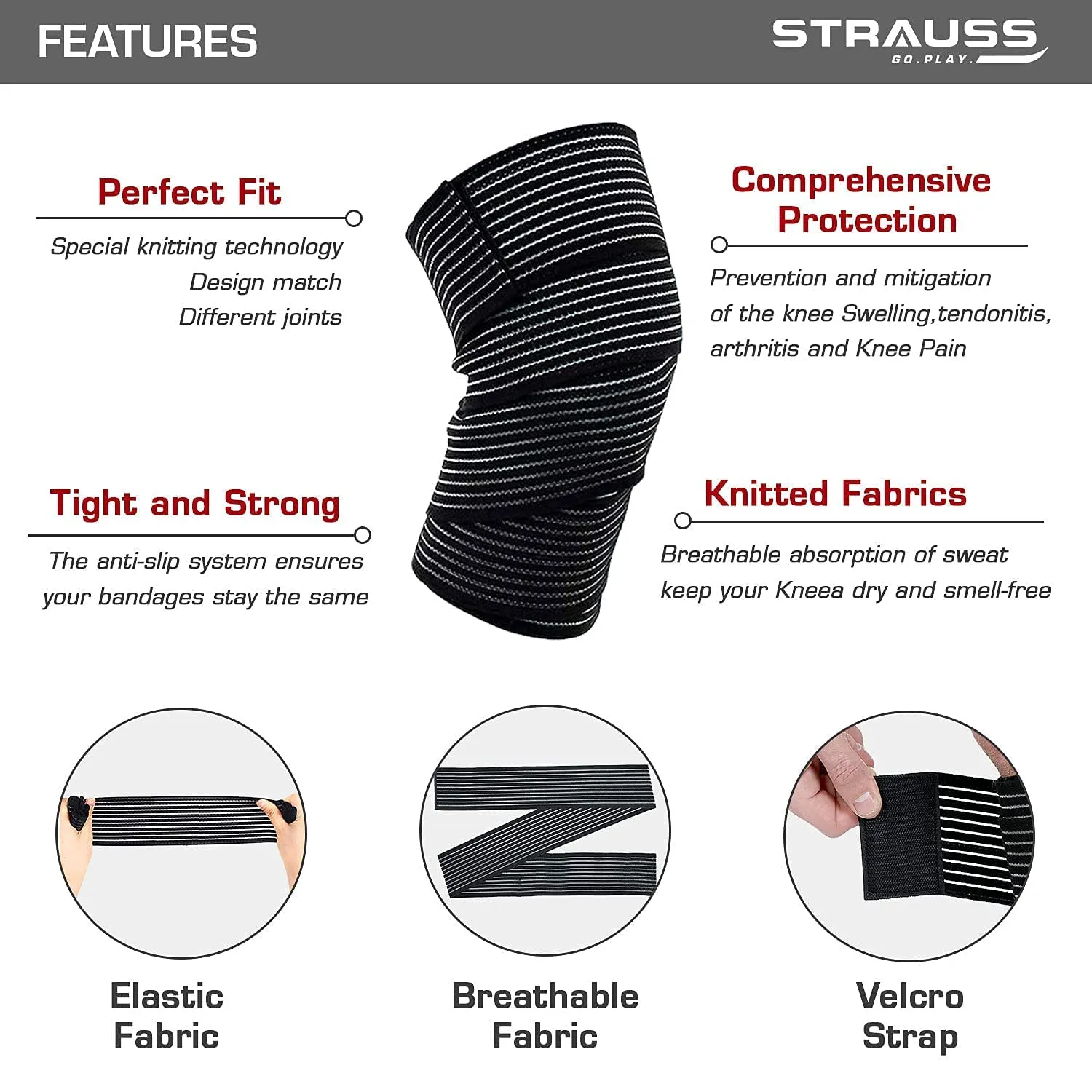Strauss Wrist Support, Pair (Free Size, Black) with Knee Compression