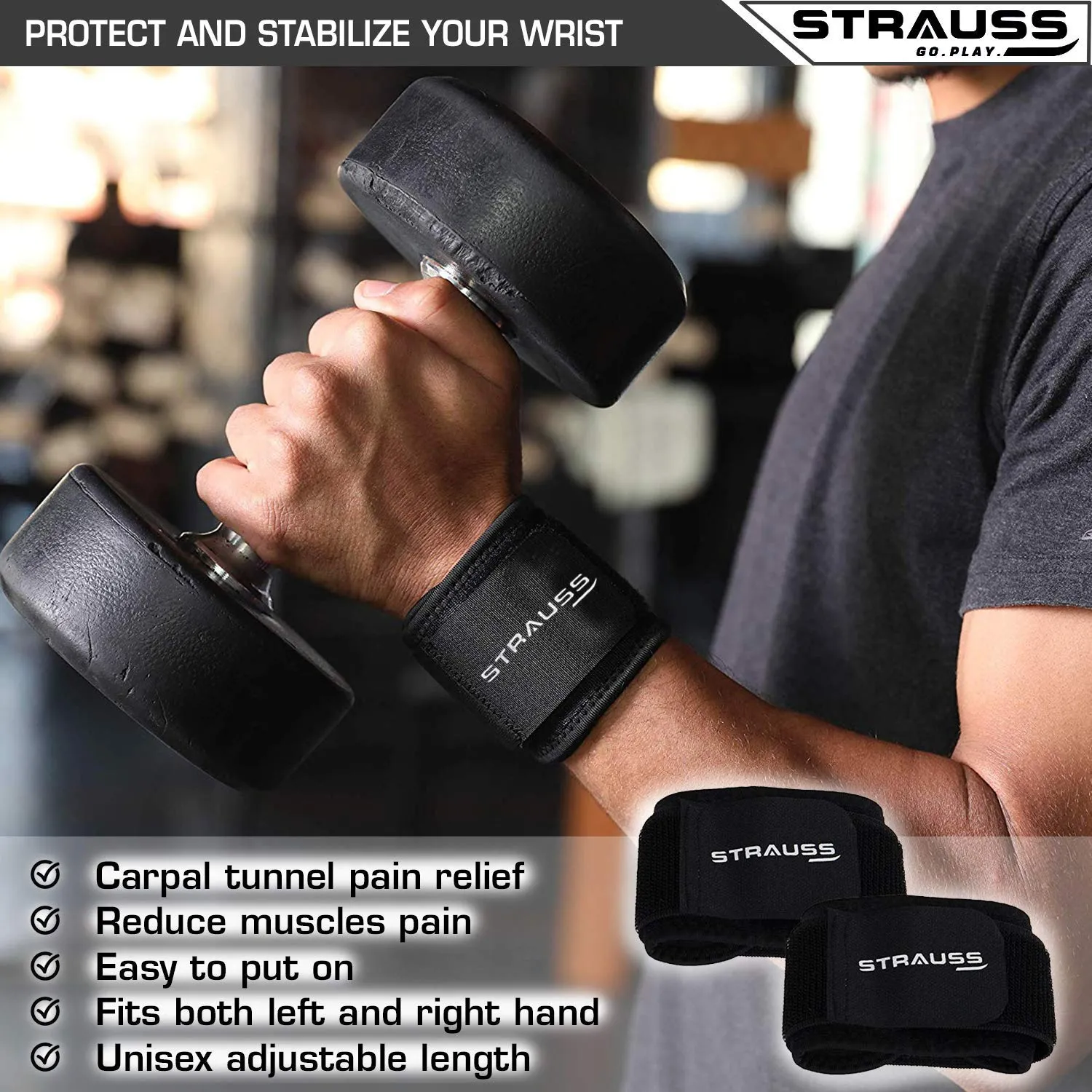 Strauss Wrist Support, Pair (Free Size, Black) with Knee Compression