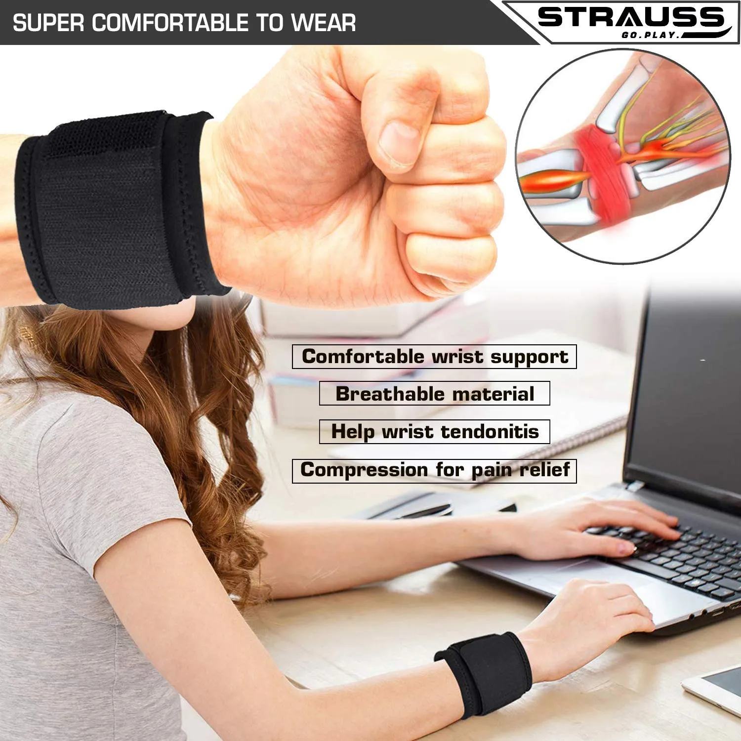 Strauss Wrist Support, Pair (Free Size, Black) with Knee Compression