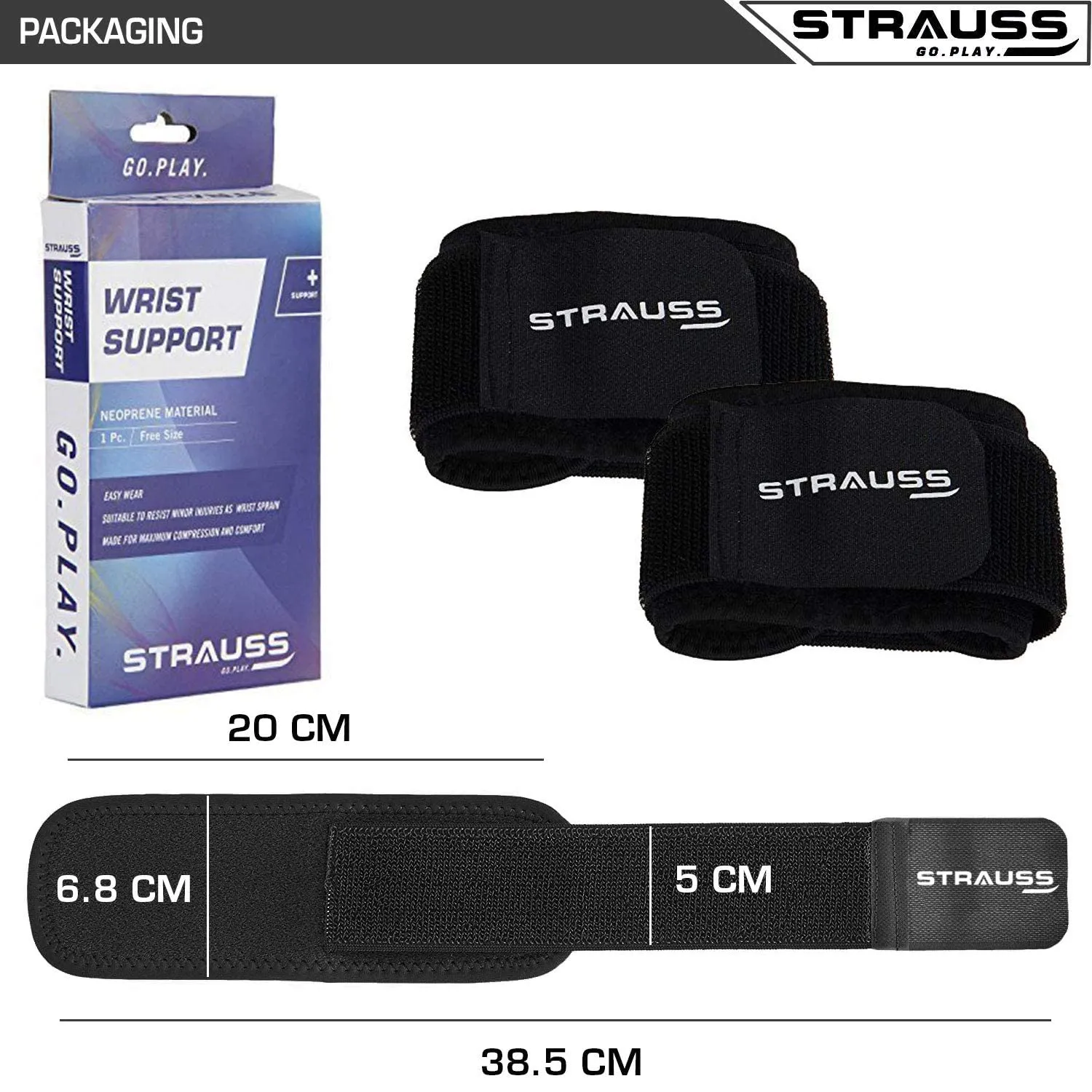 Strauss Wrist Support, Pair (Free Size, Black) with Knee Compression