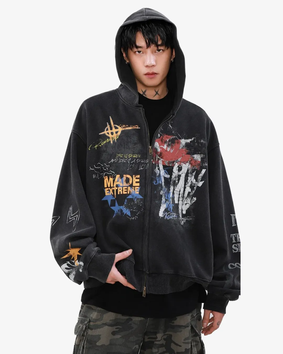Street Graffiti Print Loose Zip-up Hoodie "Black"