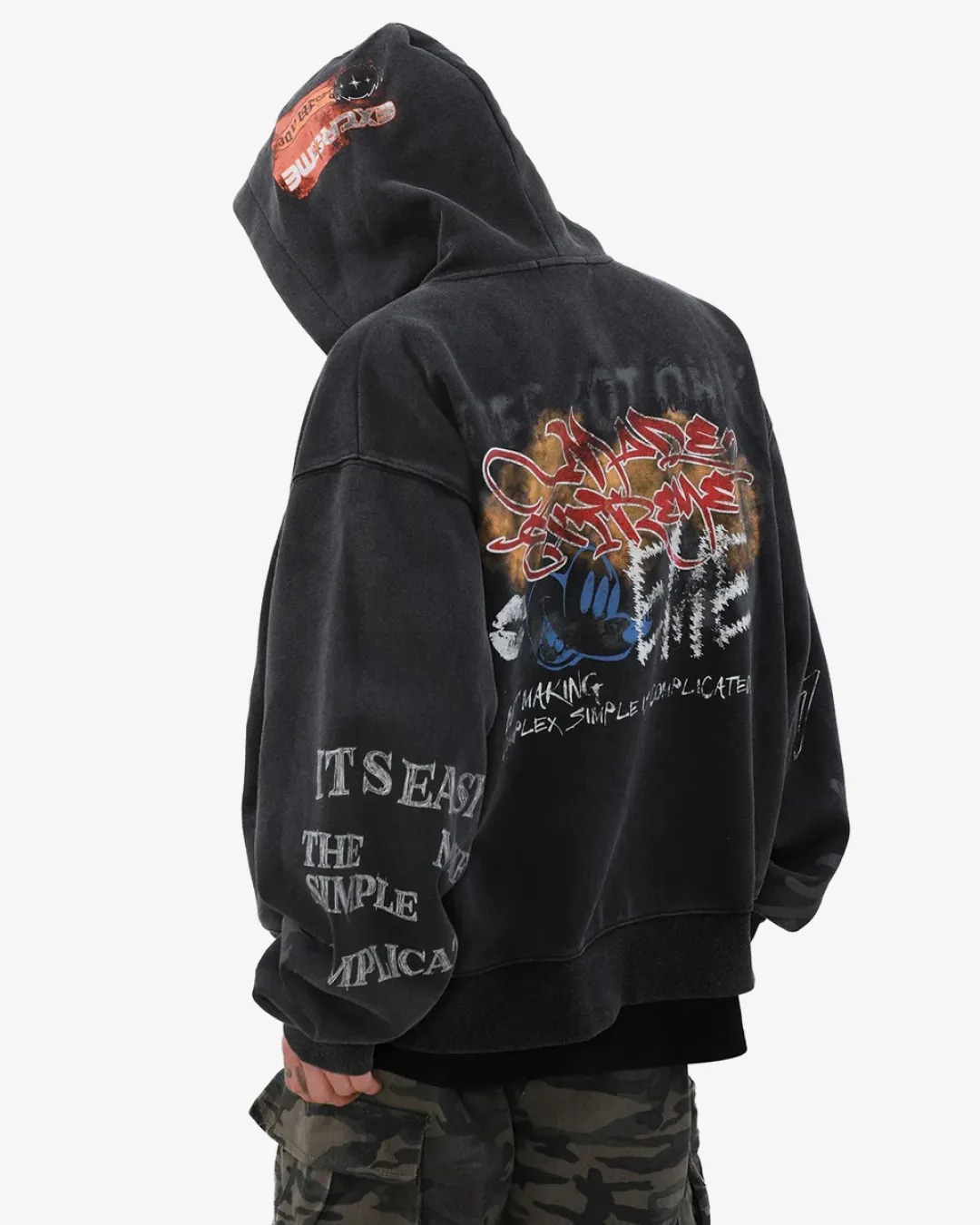 Street Graffiti Print Loose Zip-up Hoodie "Black"