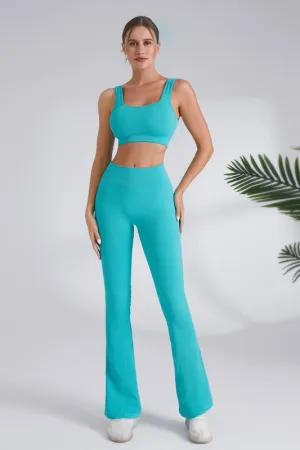 Teal Blue Square Neck Sports Bra And Flare Legging 2pc Set