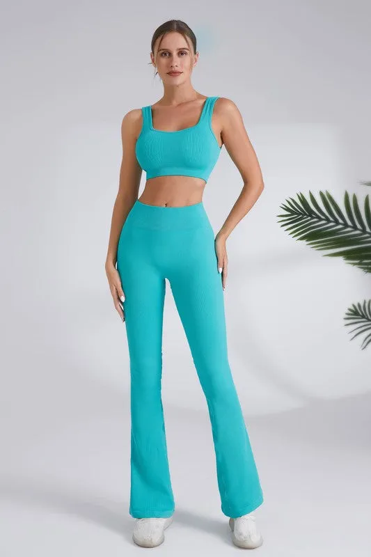 Teal Blue Square Neck Sports Bra And Flare Legging 2pc Set