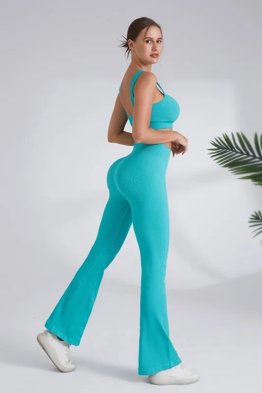 Teal Blue Square Neck Sports Bra And Flare Legging 2pc Set