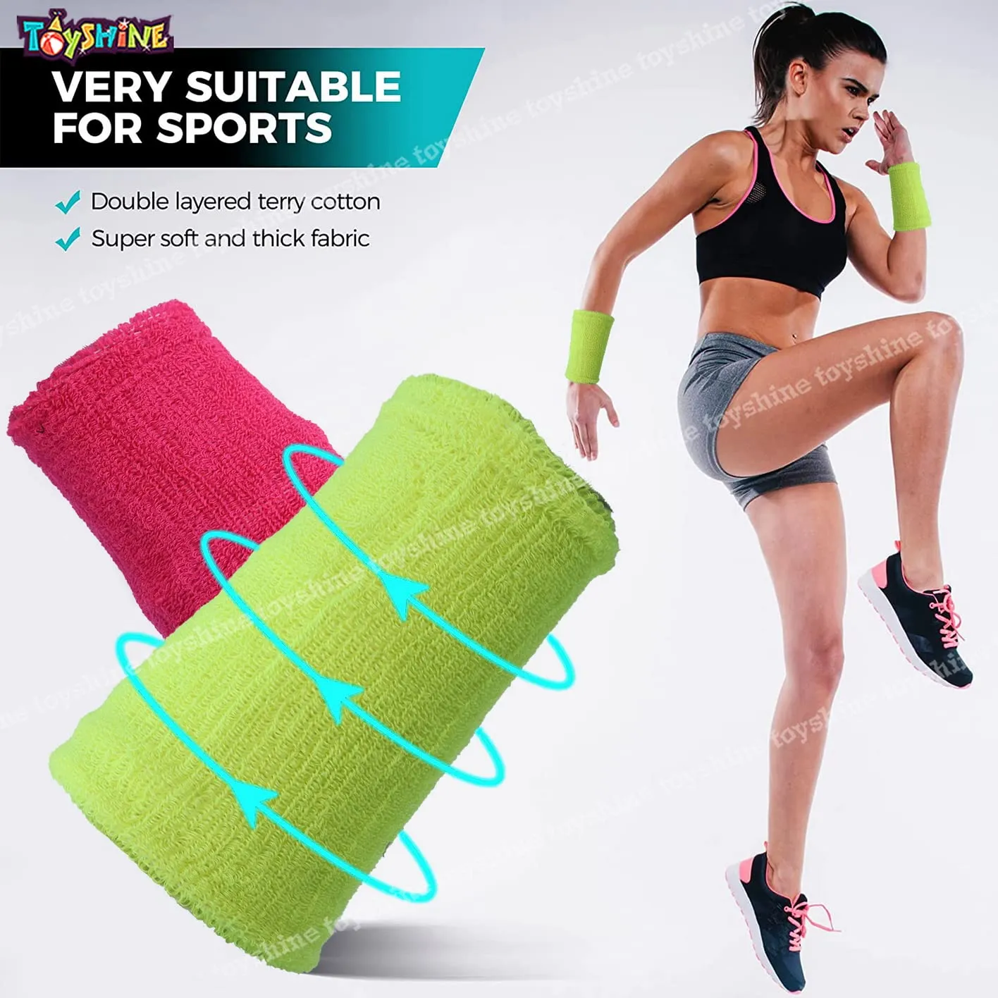 Toyshine Thick Cotton Wristbands (5 INCH), Athletic Sweat Bands for Sports Activities - Pack of 2 Pairs Pink/Neon (SSTP)