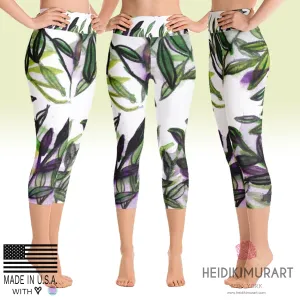 Tropical Leaves Print Capris Tights, Best Yoga Pants Capri Designer Leggings Athletic Outfit - Made in USA