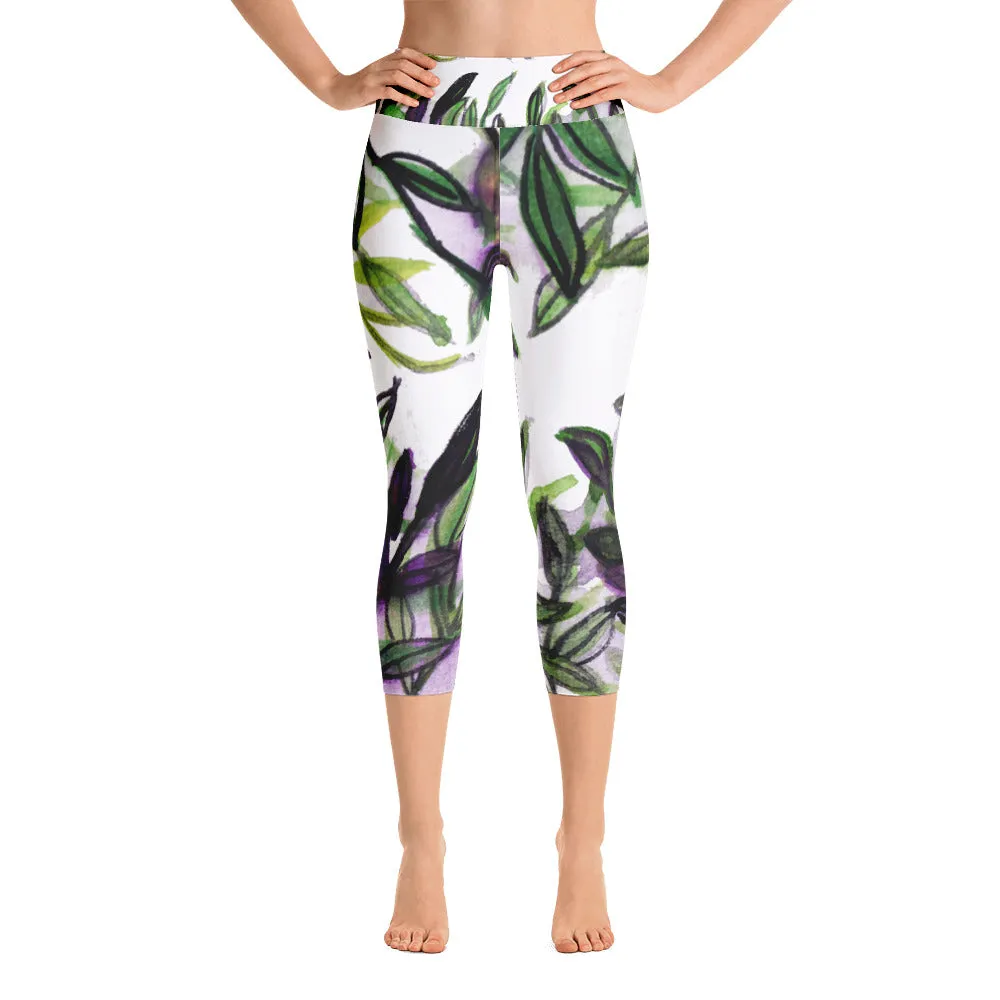 Tropical Leaves Print Capris Tights, Best Yoga Pants Capri Designer Leggings Athletic Outfit - Made in USA